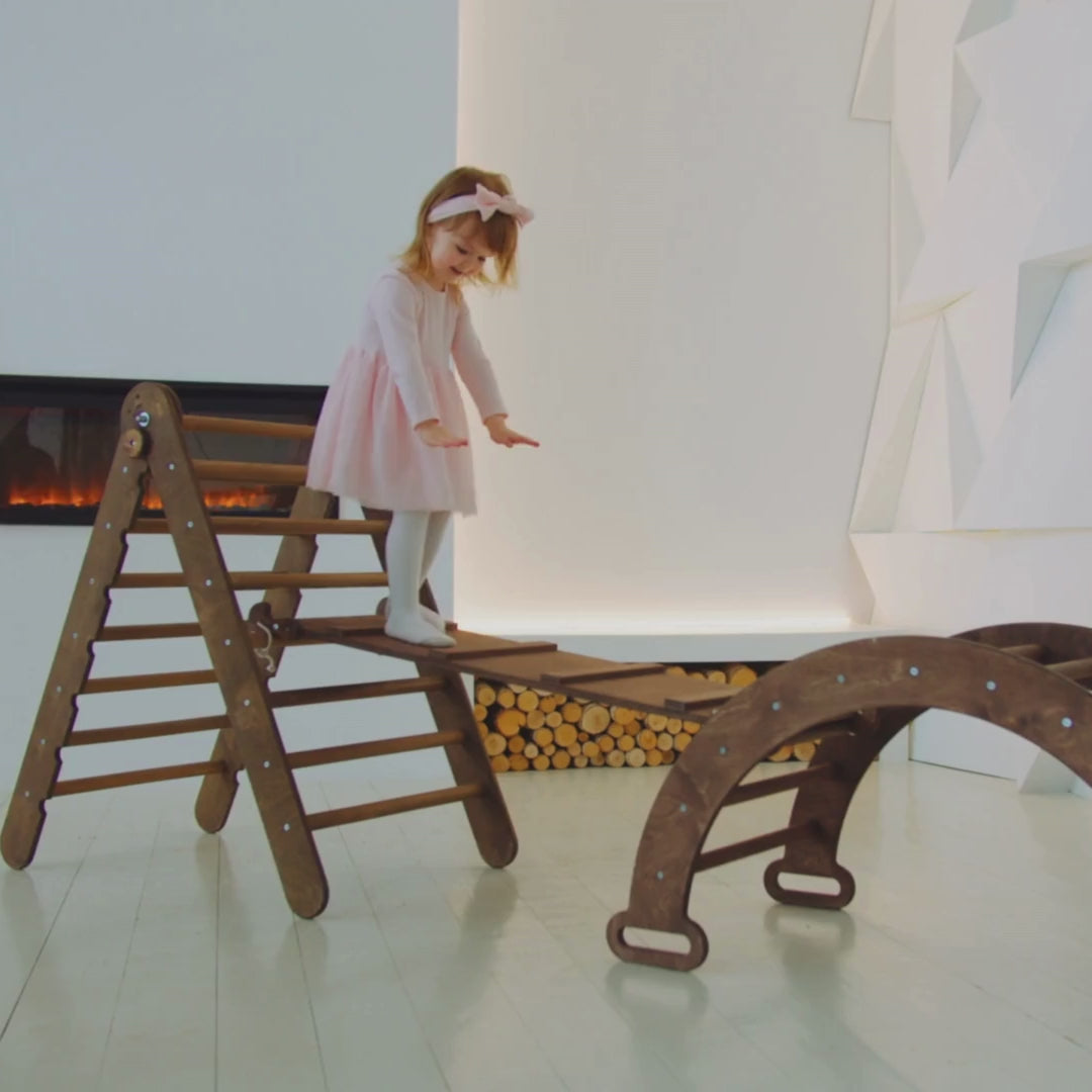 Montessori-klätterställning,3-i-1: Triangelstege + träbåge + rutschkana – choklad NYHET