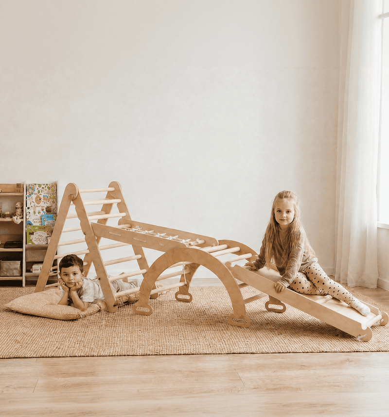 5in1 Montessori Climbing Set: Triangle Ladder + Arch/Rocker + Slide Board/Ramp + Netting rope + Cushion