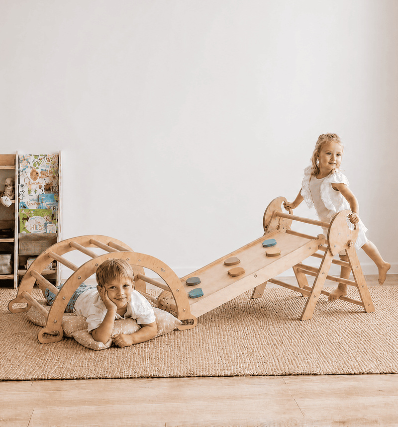 4-in-1 Montessori-Kletterset: Pikler-Dreieck, Kletterbogen, Rutschbrett und Kissen für Kleinkinder (1–3 Jahre) – Pastell