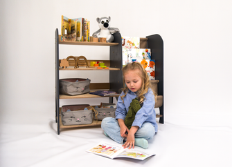 2-I-1 Montessori-reoler i træ: Reol til bøger og legetøj