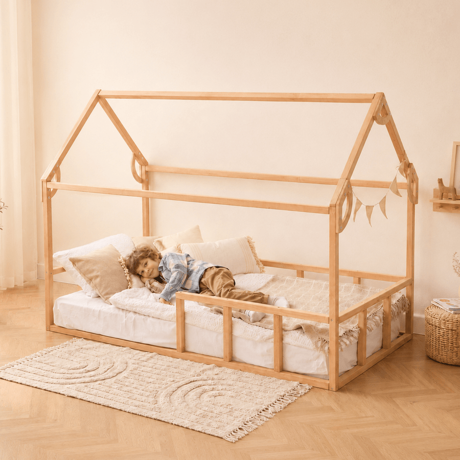 Twin Size Montessori House Bed for Kids with Fence - Goodevas
