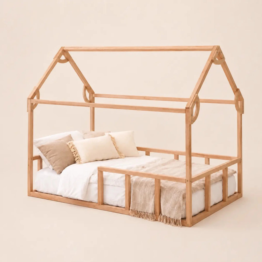 Twin Size Montessori House Bed for Kids with Fence - Goodevas