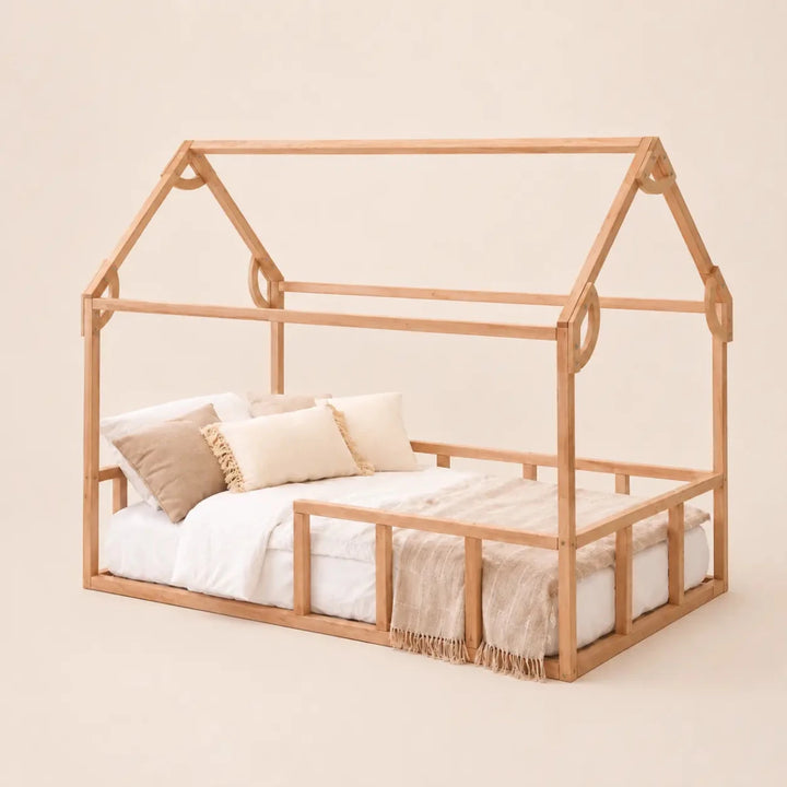Twin Size Montessori House Bed for Kids with Fence - Goodevas