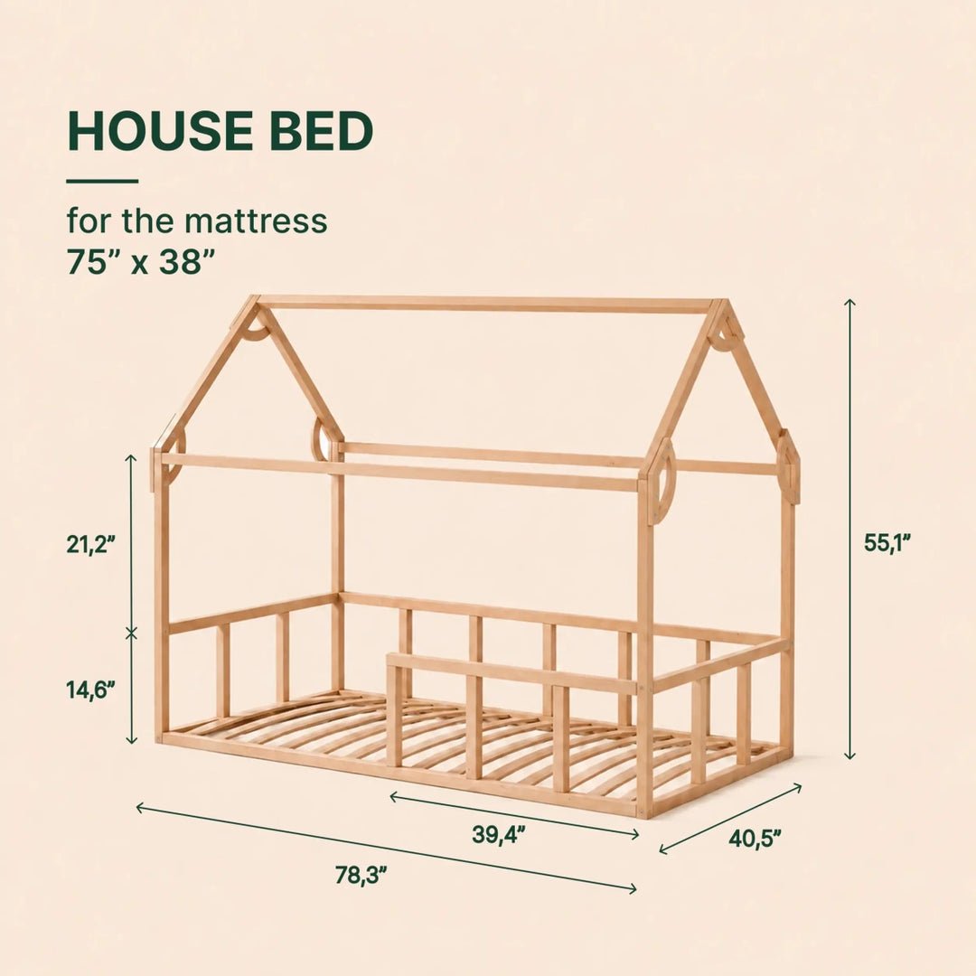 Twin Size Montessori House Bed for Kids with Fence - Goodevas