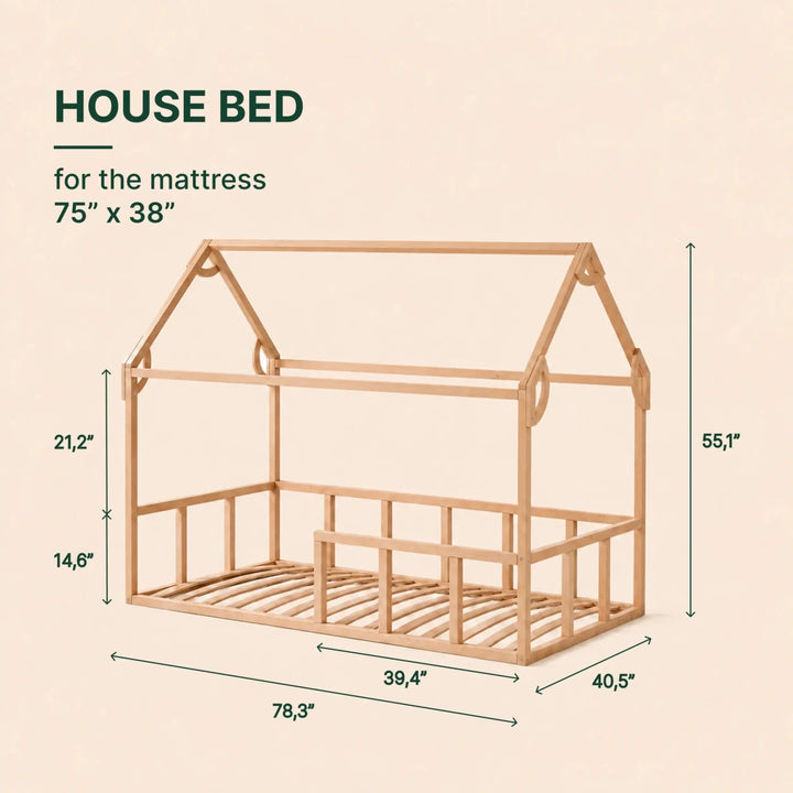Twin Size Montessori House Bed for Kids with Fence - Goodevas