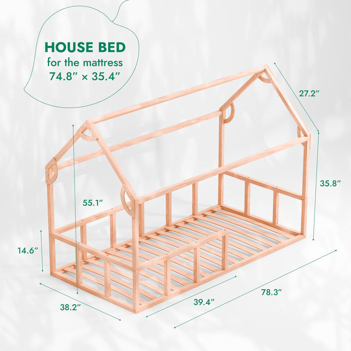 Twin Size Montessori House Bed for Kids with Fence - Goodevas