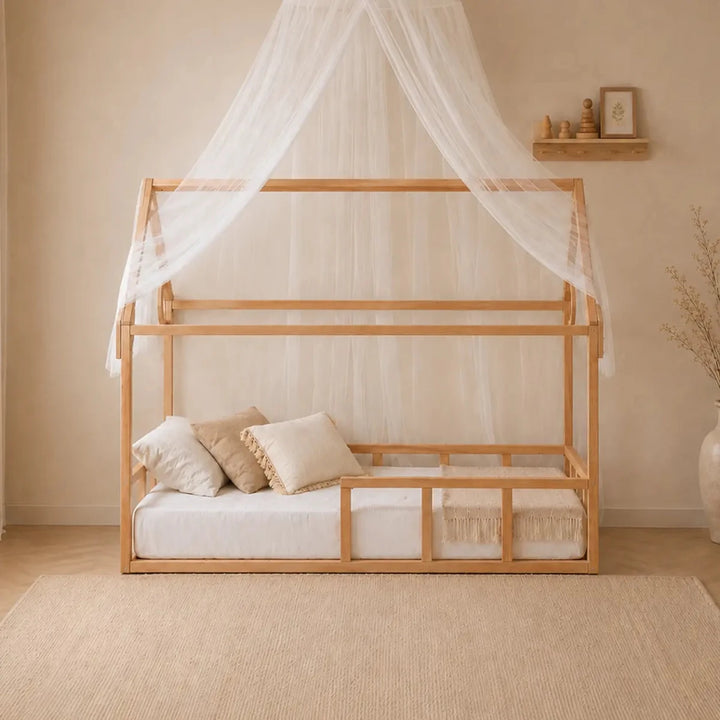 Twin Size Montessori House Bed for Kids with Fence - Goodevas
