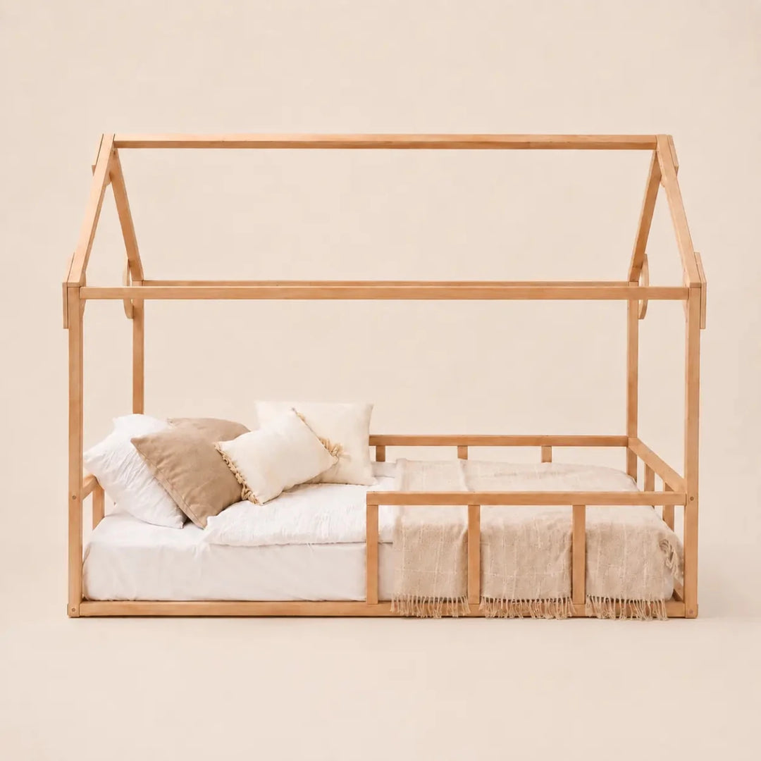 Twin Size Montessori House Bed for Kids with Fence - Goodevas