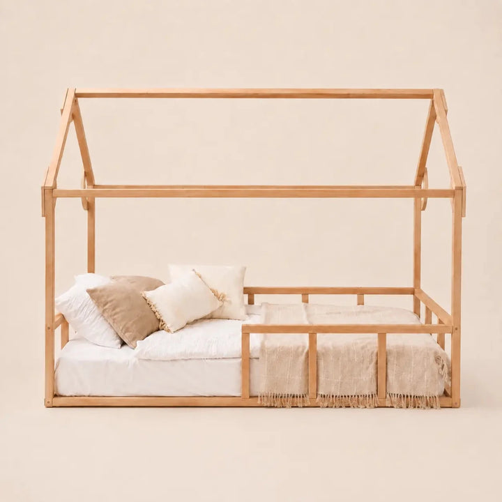 Twin Size Montessori House Bed for Kids with Fence - Goodevas
