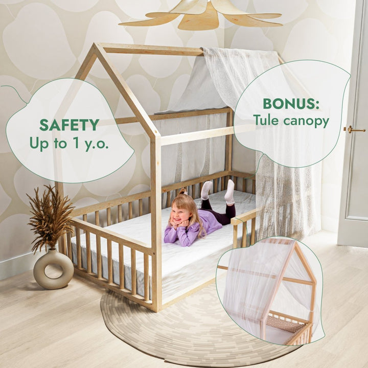 Twin Size Montessori House Bed for Kids with Fence - Goodevas