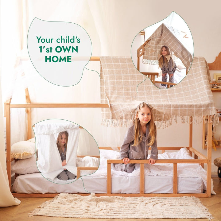 Twin Size Montessori House Bed for Kids with Fence - Goodevas