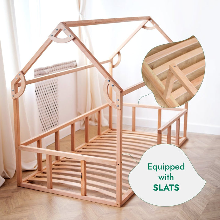 Twin Size Montessori House Bed for Kids with Fence - Goodevas