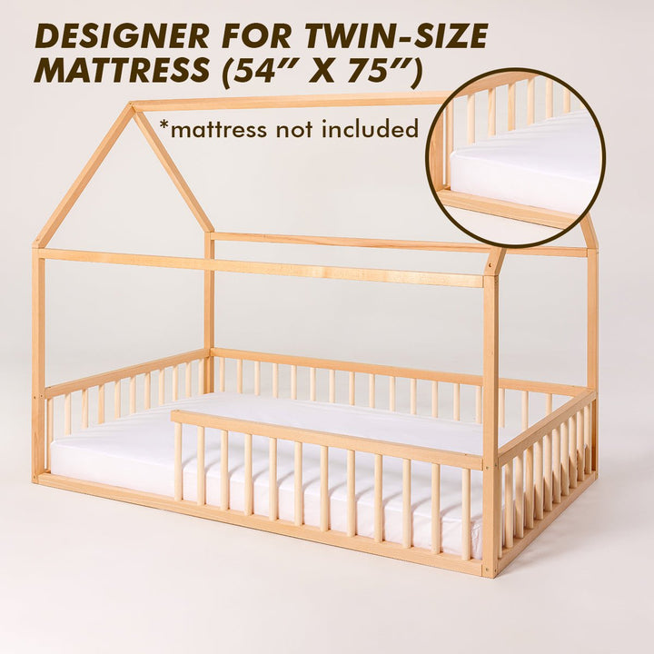 Twin Size Montessori House Bed for Kids with Fence - Goodevas