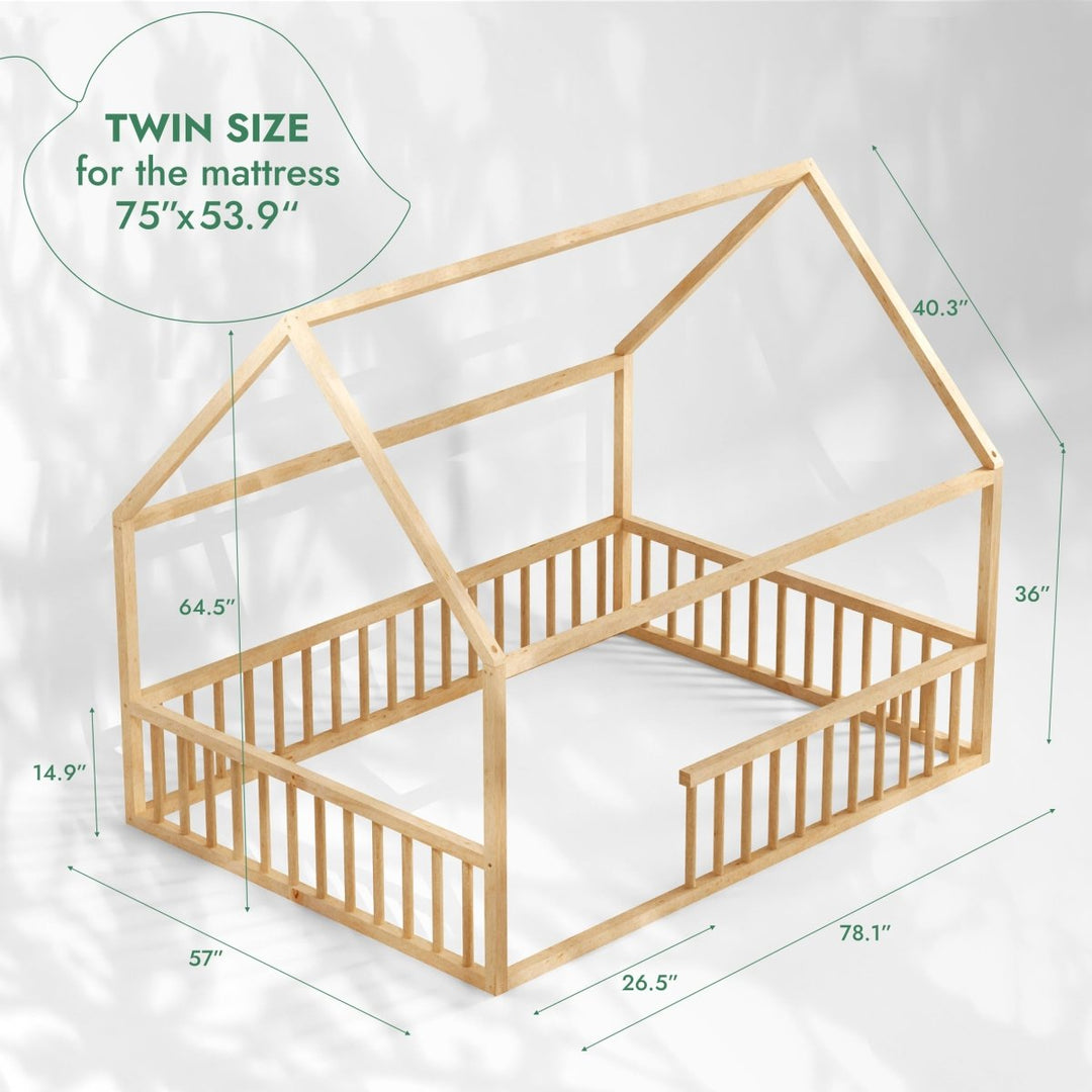 Twin Size Montessori House Bed for Kids with Fence - Goodevas