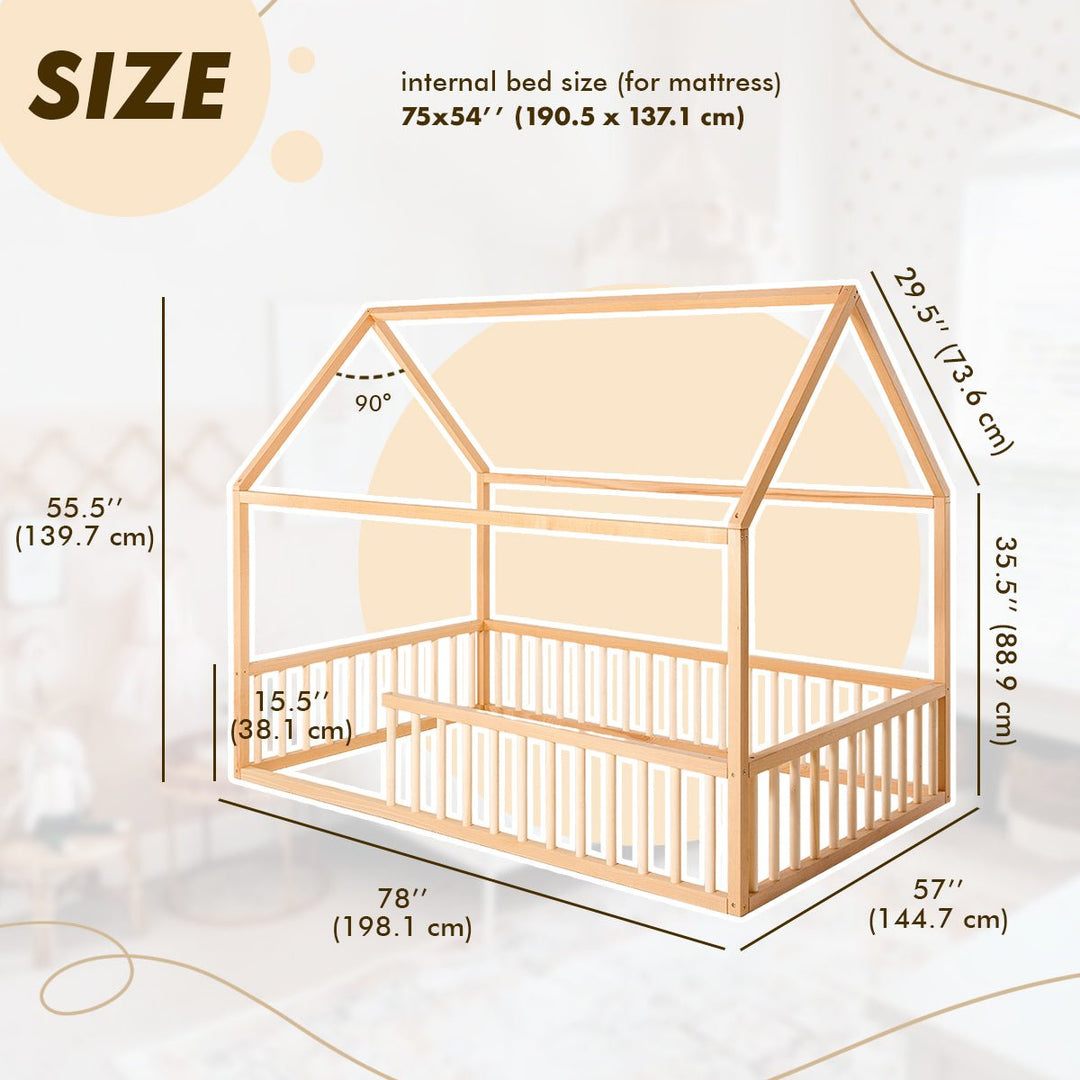 Twin Size Montessori House Bed for Kids with Fence - Goodevas