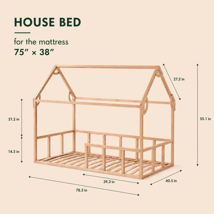 Twin Size Montessori House Bed for Kids with Fence - Goodevas