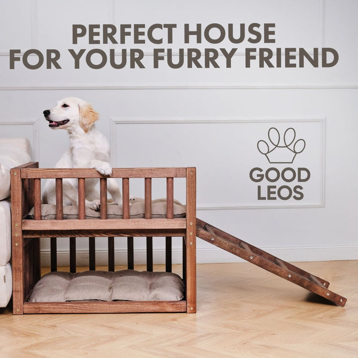 Wooden Dog Bed Platform with Two Pillows - Goodevas