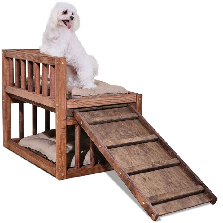 Wooden Dog Bed Platform with Two Pillows - Goodevas