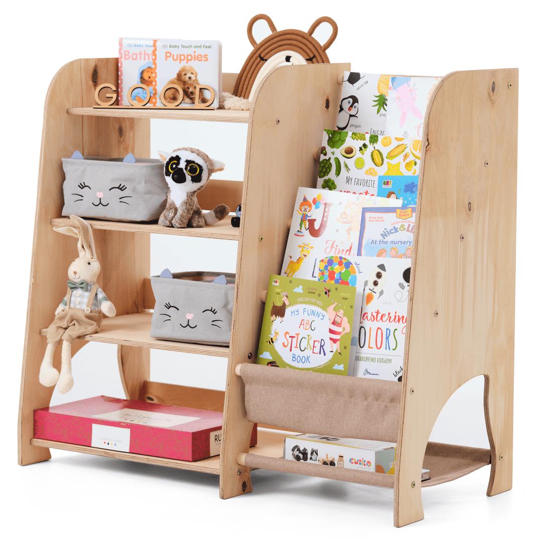 Wooden Montessori Shelves for Toddler 2in1: Bookshelf & Toy Shelving - Goodevas