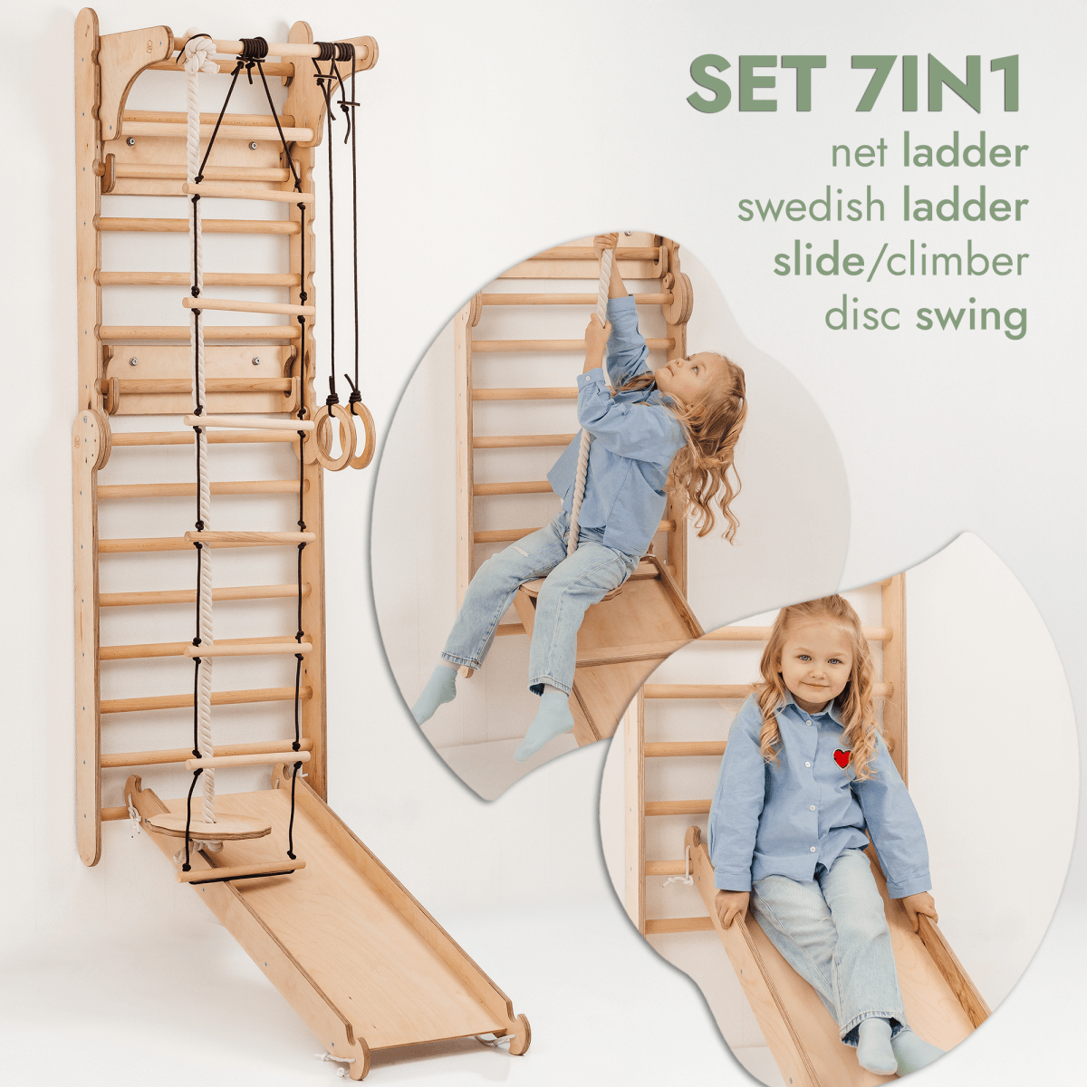 Ring Rope Ladder 4in1 Wooden Swedish Wall / Climbing ladder for Children + Swing Set ...