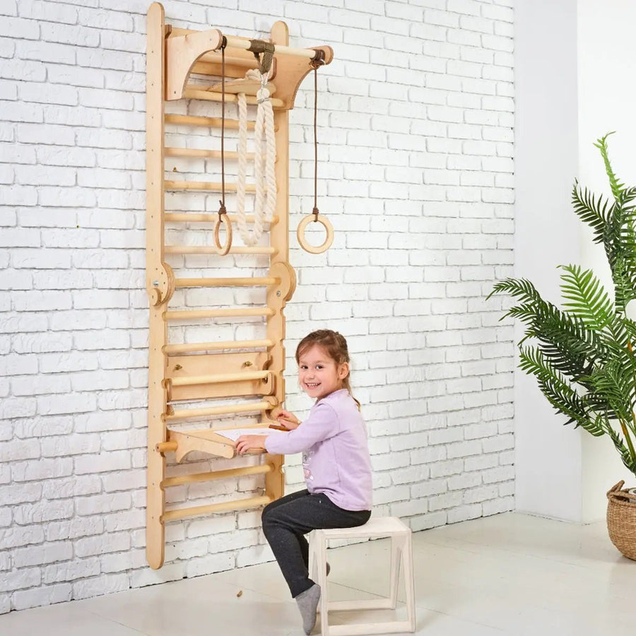 Wooden Swedish Wall / Climbing ladder for Children + Swing Set + Slide Board + Art Add - on - Goodevas