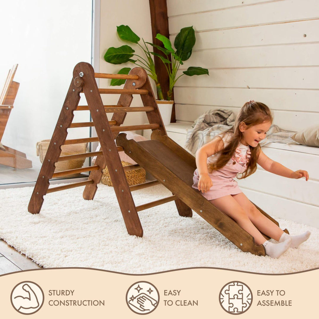 2in1 Montessori Climbing Frame Set: Triangle Ladder + Slide Board/Ramp – Chocolate - Goodevas