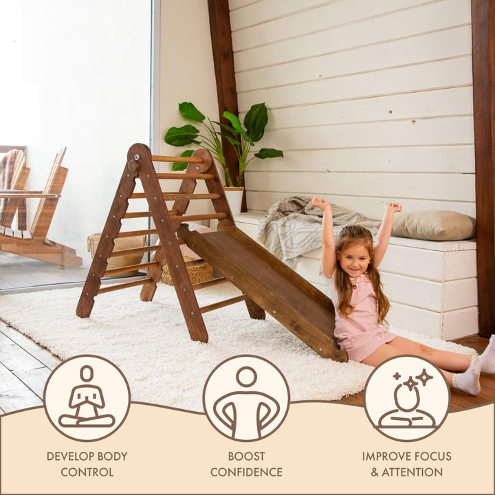 2in1 Montessori Climbing Frame Set: Triangle Ladder + Slide Board/Ramp – Chocolate - Goodevas
