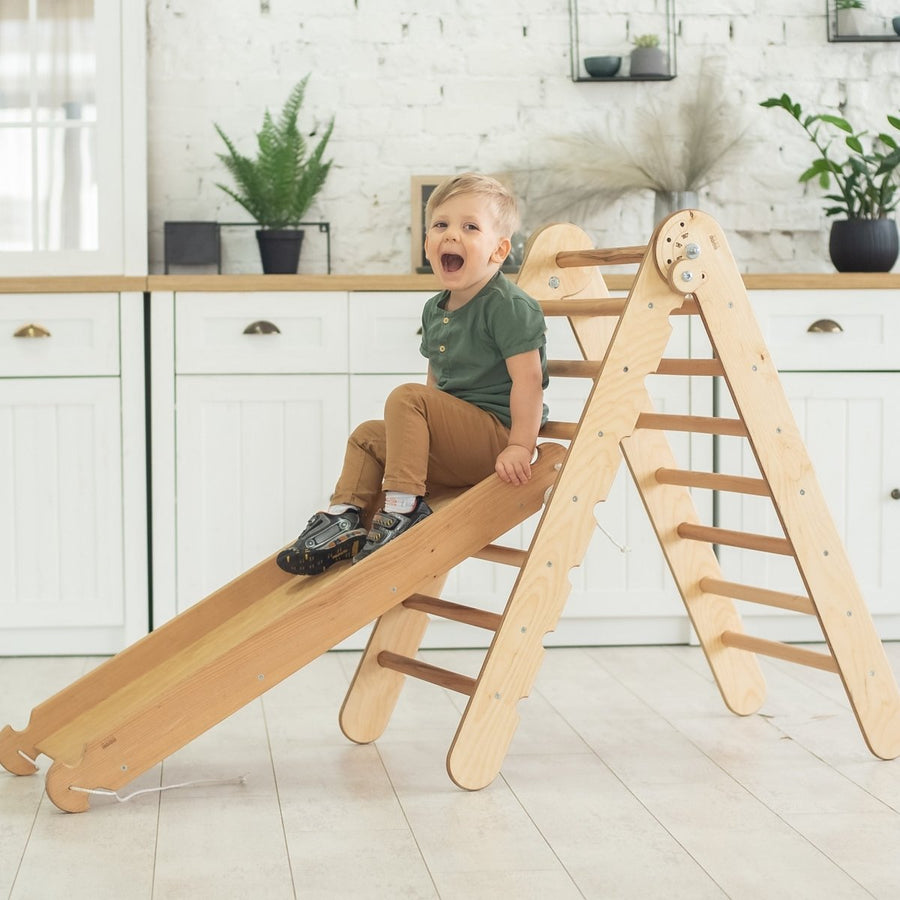 2in1 Montessori Climbing Set: Triangle Ladder + Slide Board/Ramp – Beige - Goodevas
