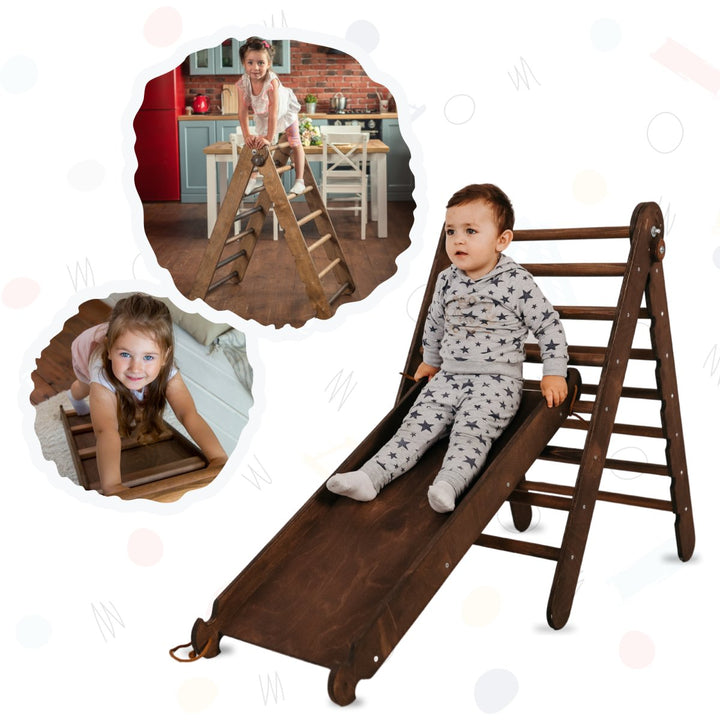 2in1 Montessori Climbing Set: Triangle Ladder + Slide Board/Ramp – Beige - Goodevas