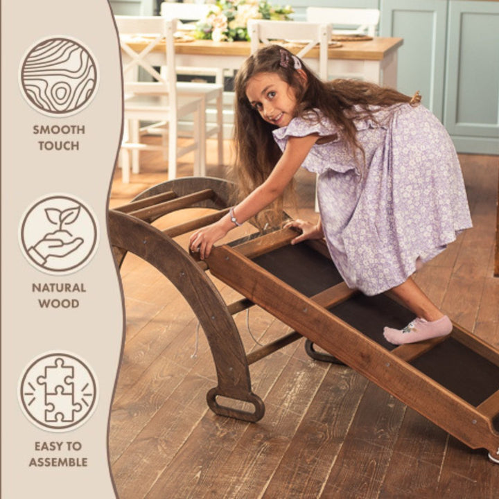 3in1 Montessori Climbing Set: Triangle Ladder + Arch/Rocker Balance + Slide Board – Chocolate - Goodevas
