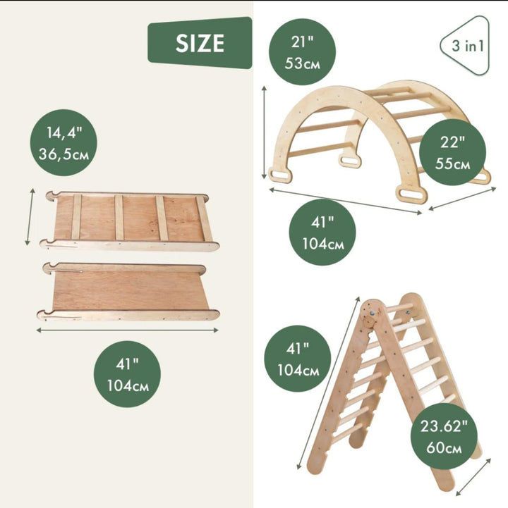 3in1 Montessori Climbing Set: Triangle Ladder + Wooden Arch + Slide Board – Beige - Goodevas
