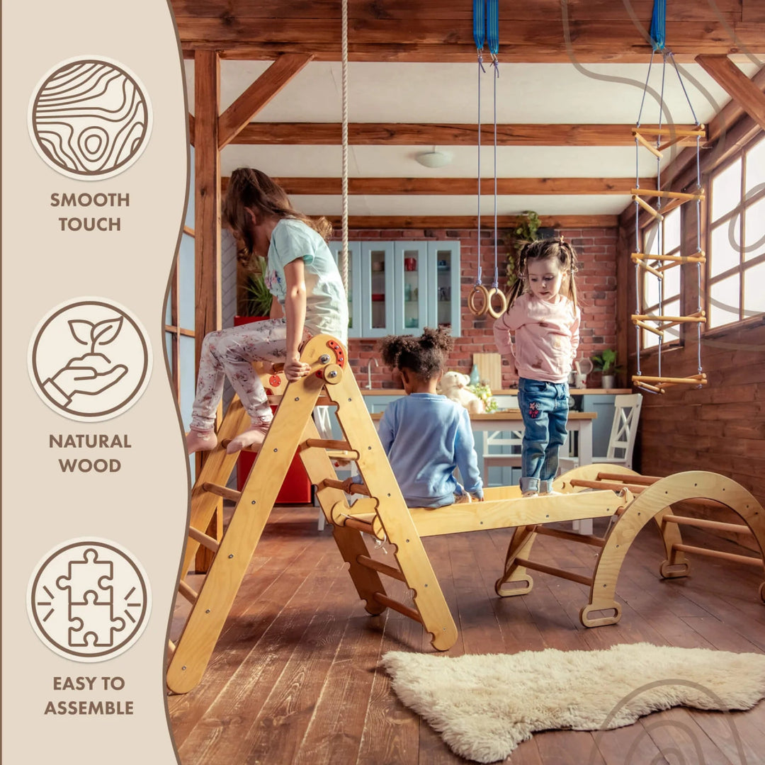 3in1 Montessori Climbing Set: Triangle Ladder + Wooden Arch + Slide Board – Beige - Goodevas