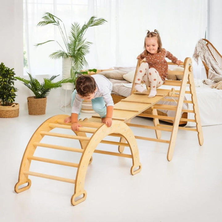 3in1 Montessori Climbing Set: Triangle Ladder + Wooden Arch + Slide Board – Beige NEW - Goodevas