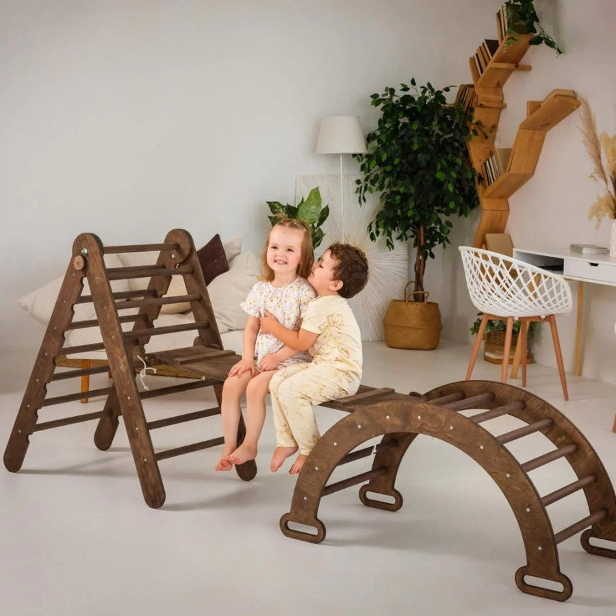 3in1 Montessori Climbing Set: Triangle Ladder + Wooden Arch + Slide Board – Chocolate NEW - Goodevas