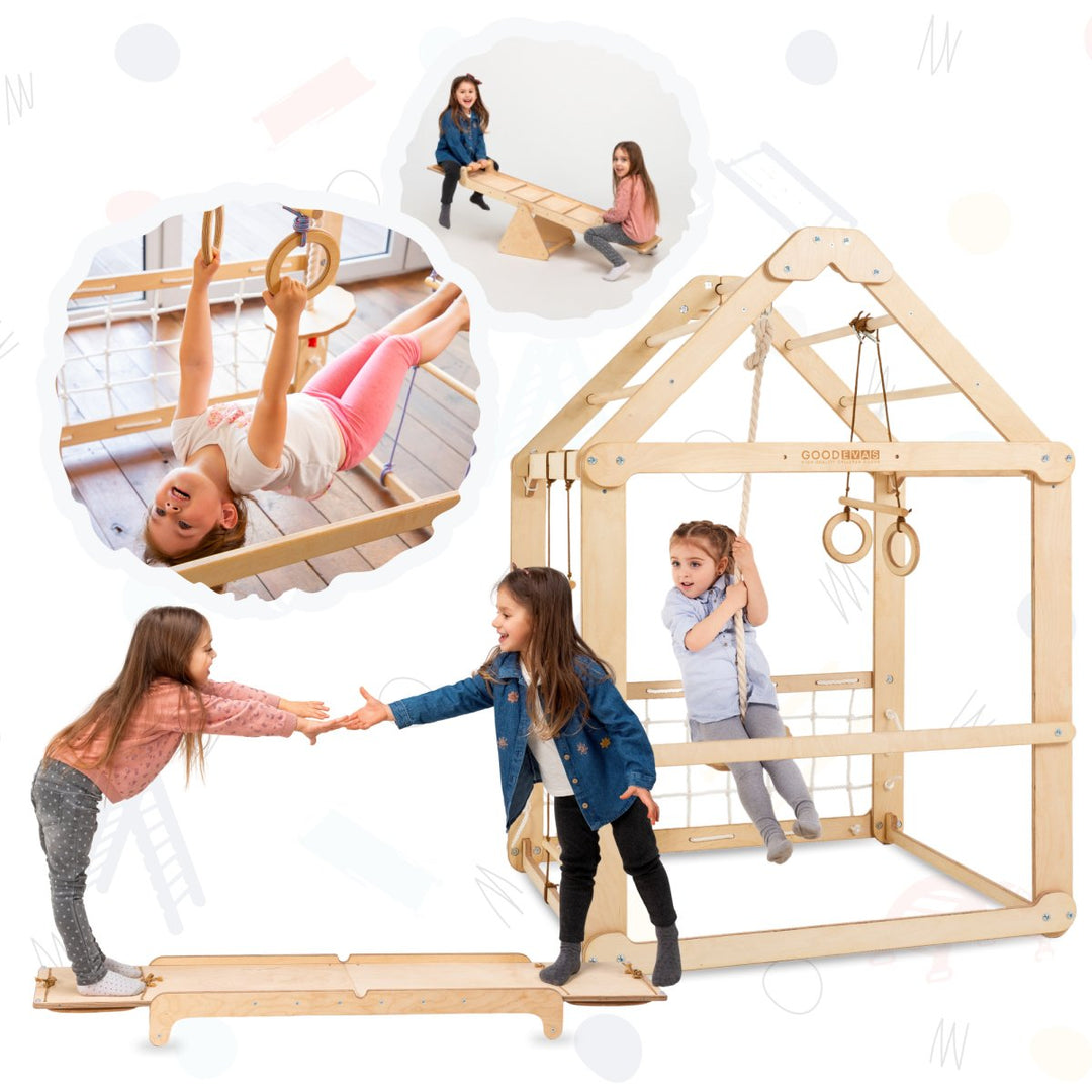 3in1 Wooden Playhouse with Swings and Seesaw - Goodevas