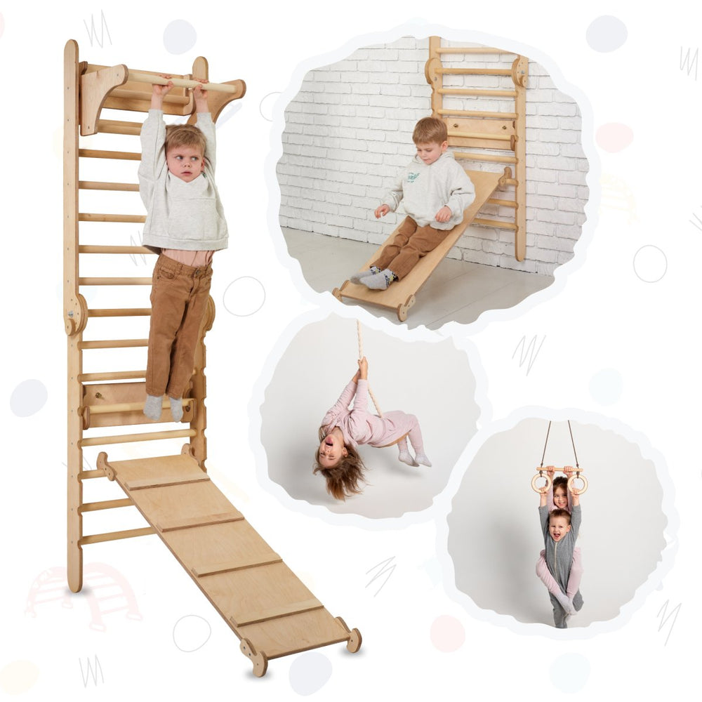 3in1: Wooden Swedish Wall / Climbing ladder for Children + Swing Set + Slide Board - Goodevas