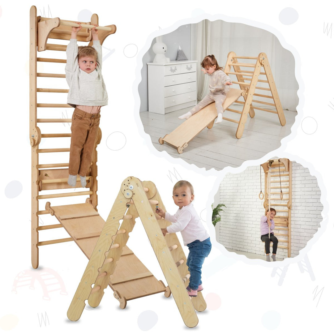4in1 Climbing Set: Wooden Swedish Wall + Swing Set + Slide Board + Triangle Ladder - Goodevas