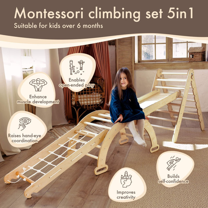 4in1 Montessori Climbing Set: Triangle Ladder + Arch/Rocker + Slide Board/Ramp + Climbing Net – Beige - Goodevas