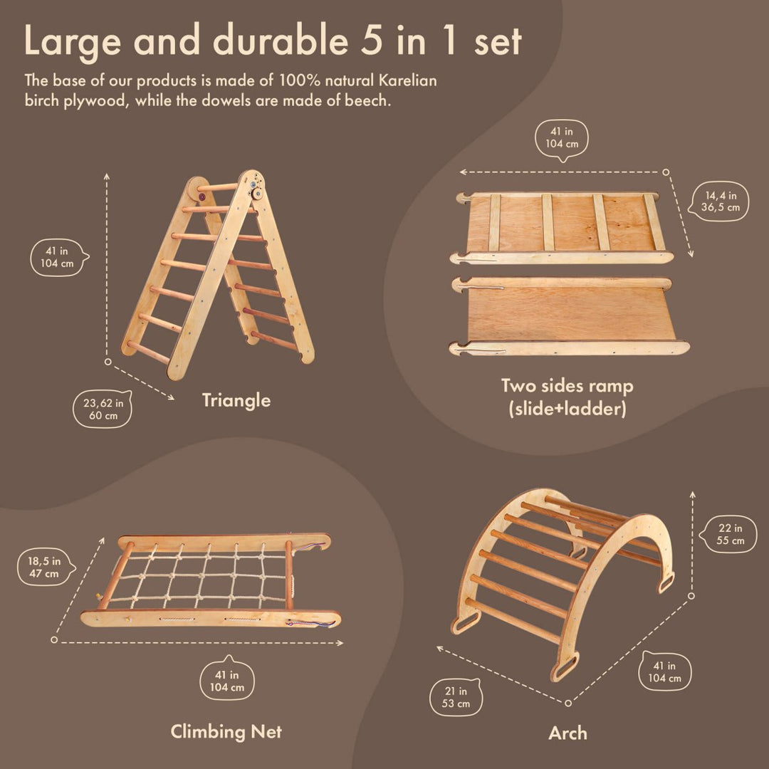 4in1 Montessori Climbing Set: Triangle Ladder + Arch/Rocker + Slide Board/Ramp + Climbing Net – Beige - Goodevas