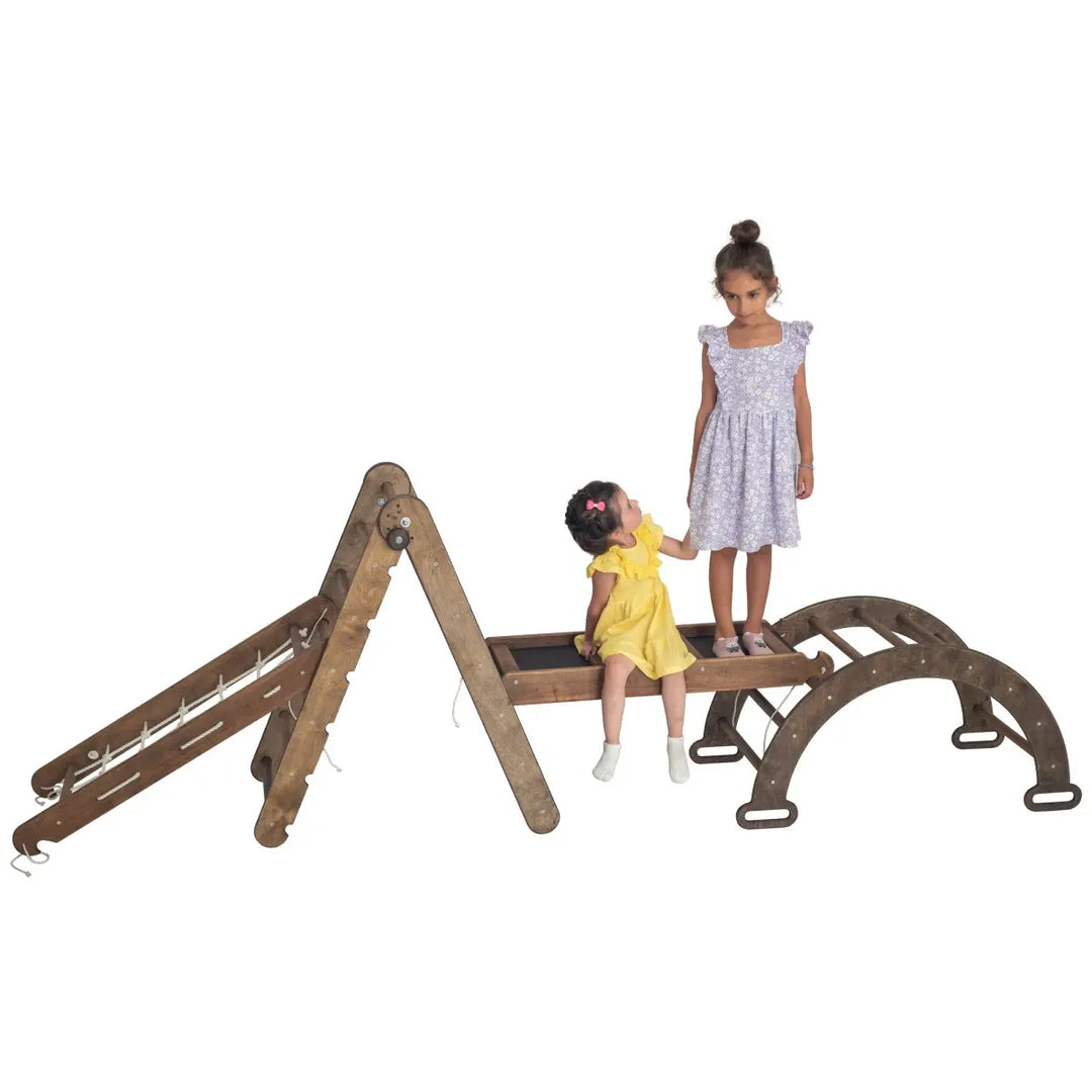 Goodevas 4in1 Montessori Climbing Set: Triangle Ladder + Arch/Rocker + Slide Board/Ramp + Climbing Net – Beige