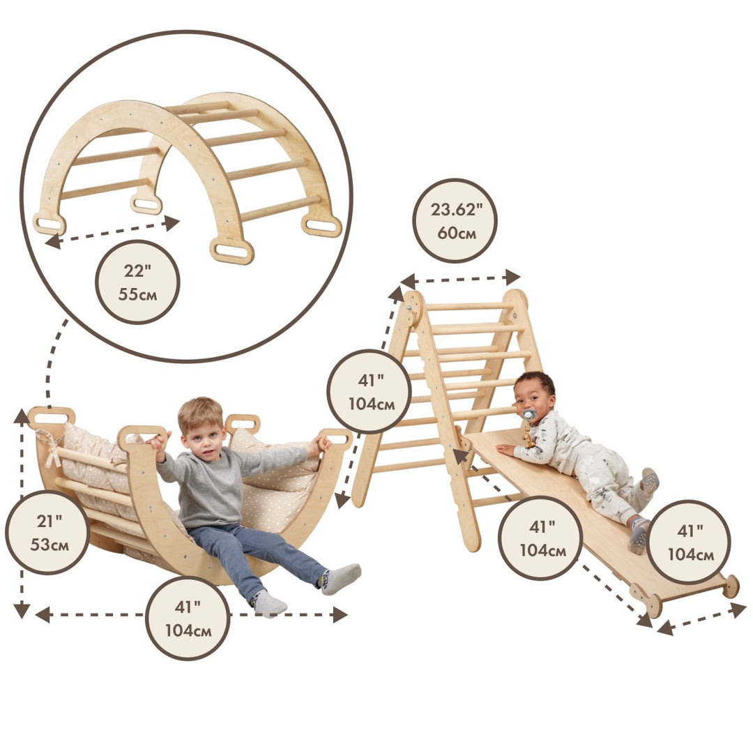 4in1 Montessori Climbing Set: Triangle Ladder + Climbing Arch + Slide Board + Cushion Beige - Goodevas
