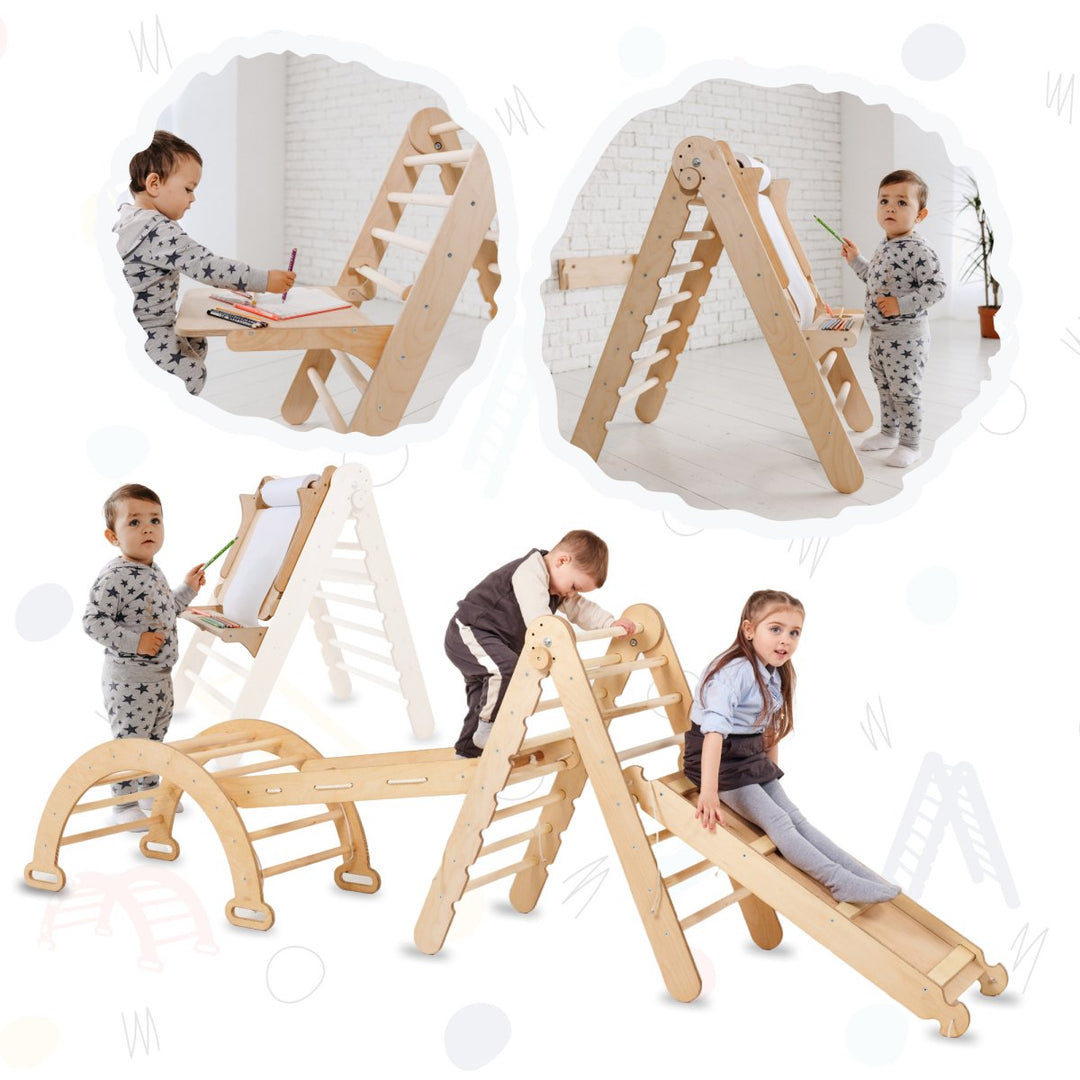 5in1 Montessori Climbing Set: Triangle Ladder + Climbing Arch + Slide Board + Climbing Net + Art Addition - Goodevas