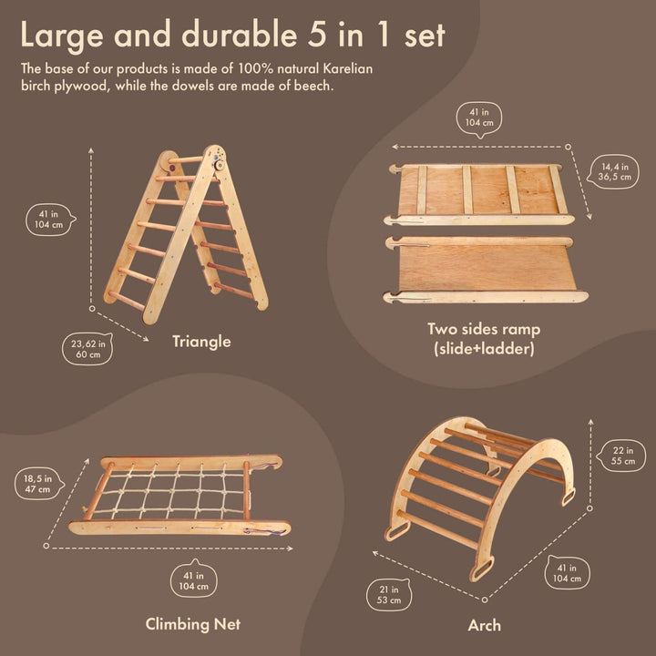 6in1 Montessori Climbing Frame Set: Triangle Ladder + Arch/Rocker + Slide/Ramp + Net + Cushion + Art Addition - Goodevas