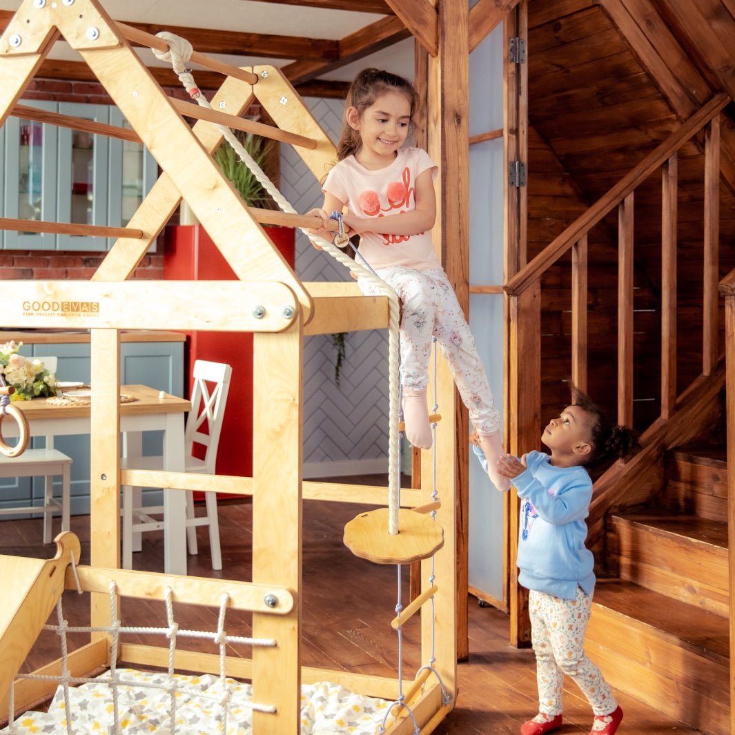 Indoor Wooden Playhouse with Swings and Slide Board - Goodevas