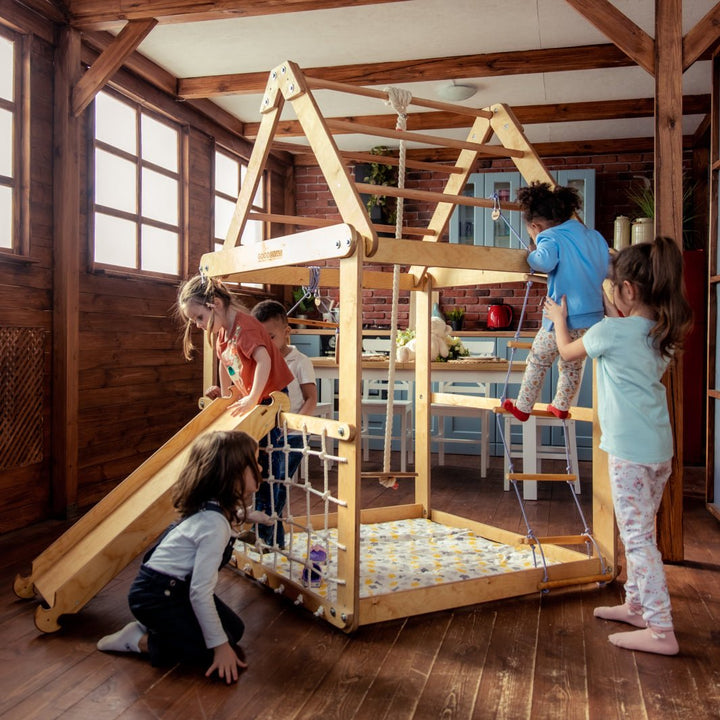 Indoor Wooden Playhouse with Swings and Slide Board - Goodevas