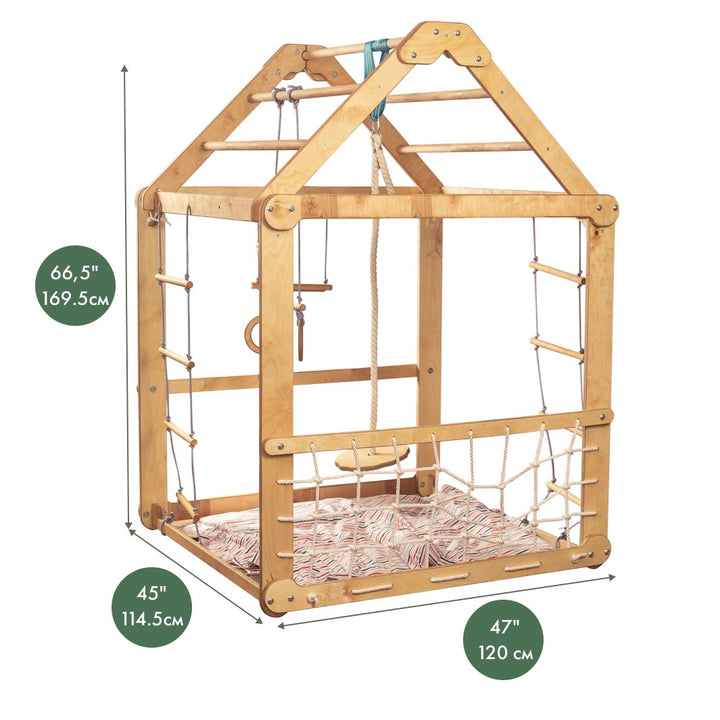 Indoor Wooden Playhouse with Triangle ladder, Slide Board and Swings - Goodevas
